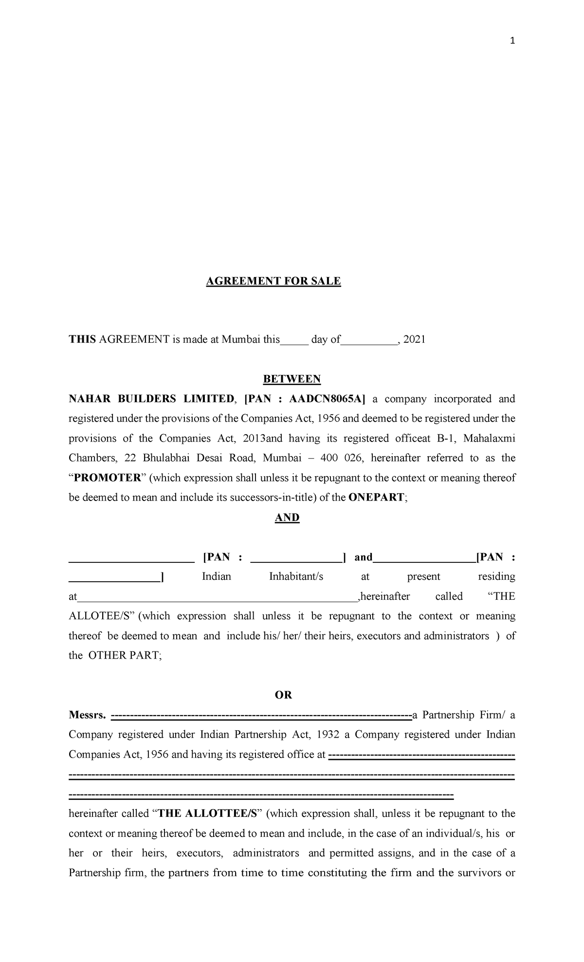 2 Proforma of the allotment letter and agreement for sale - AGREEMENT ...