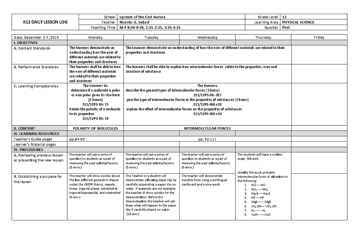 Toaz - KAJSA - K12 DAILY LESSON LOG School Lyceum of the East Aurora ...