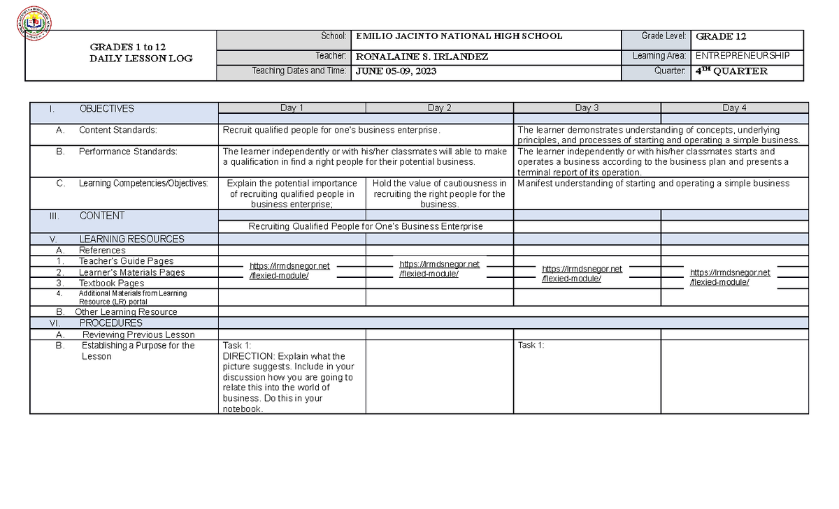 Dll Jun 05 09 - Entrep. - Grades 1 To 12 Daily Lesson Log Teacher 