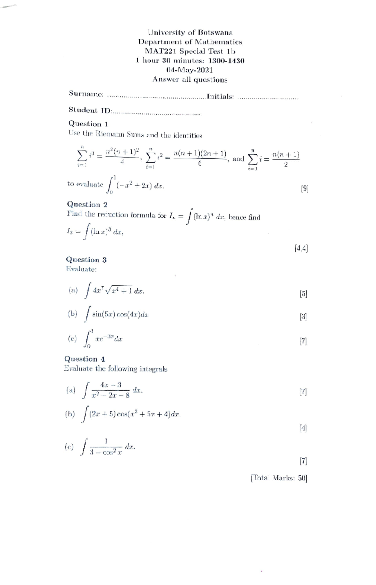 MAT 221 Test 1 Special - Past paper - University of Botswana Department ...