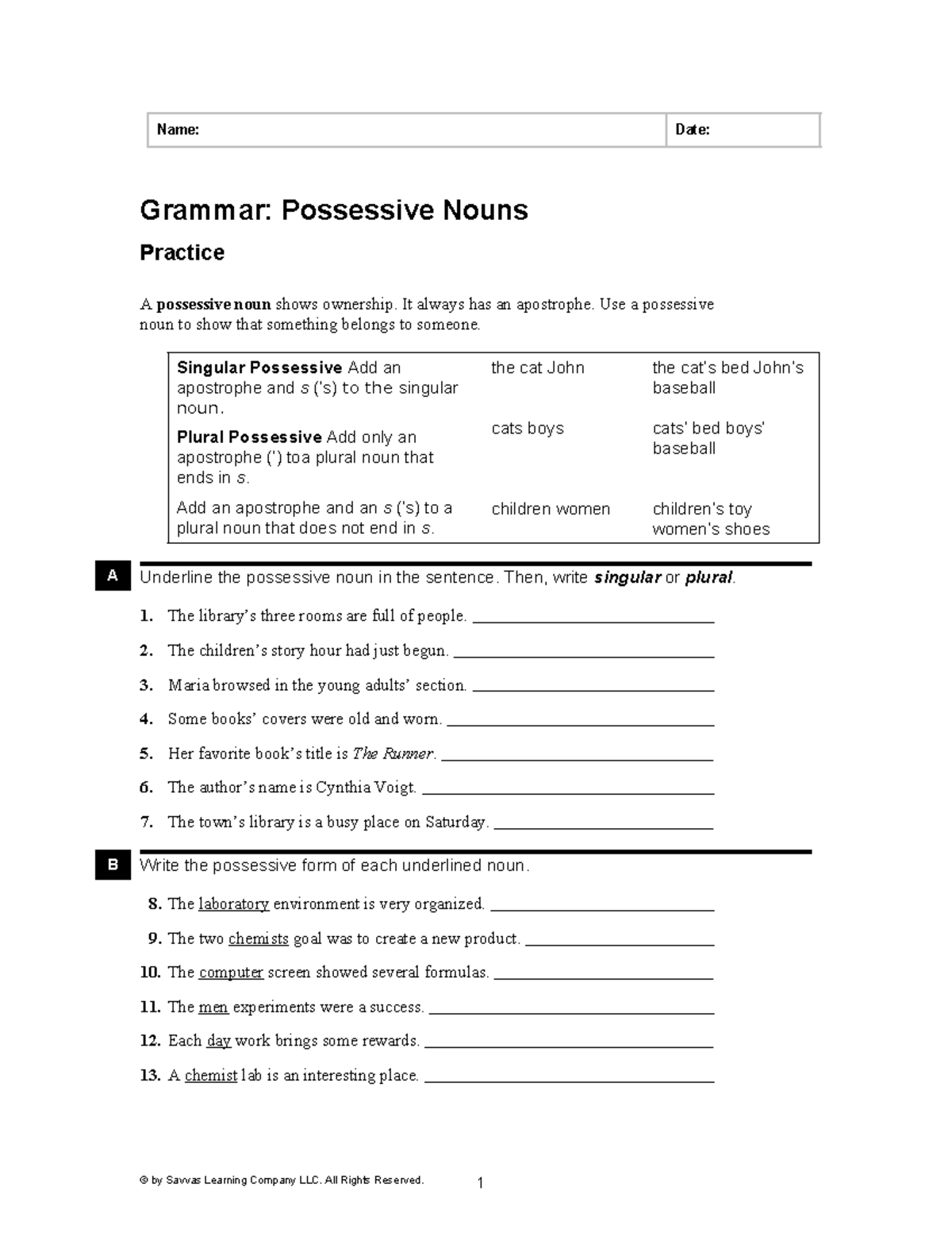 LIT17 ANC G7 GW Pos Nou - I dont know - Name: Date: Grammar: Possessive ...