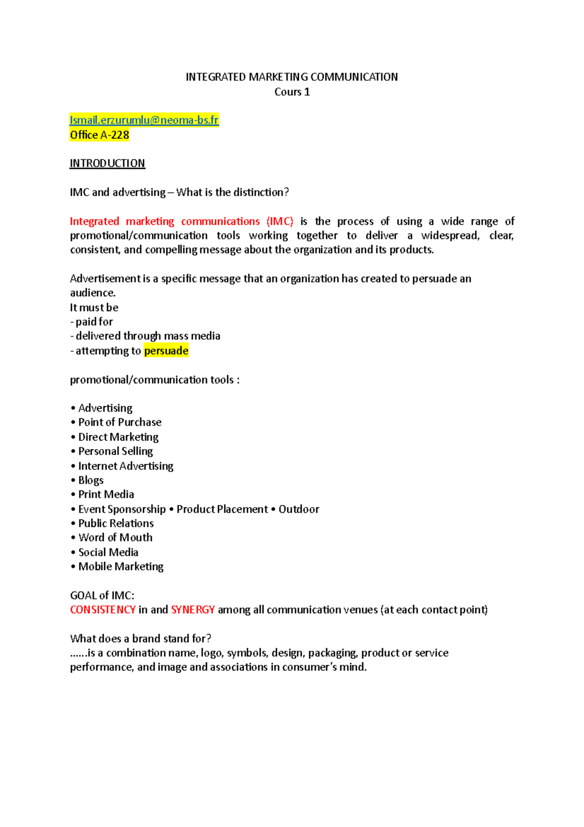 Integrated Marketing Communication -cours 1 - INTEGRATED MARKETING ...