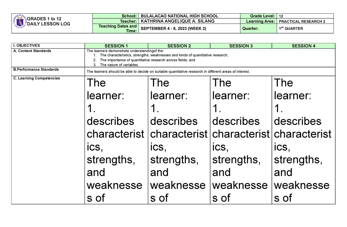 DLL PR2 Q1 W2 - Realistic Daily Lesson Log For Practical Research 2 ...