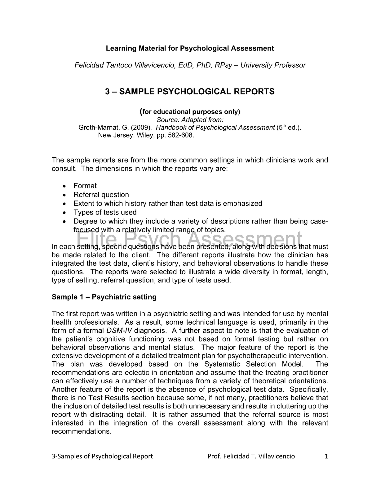 3 Sample Reports Research Learning Material For Psychological 