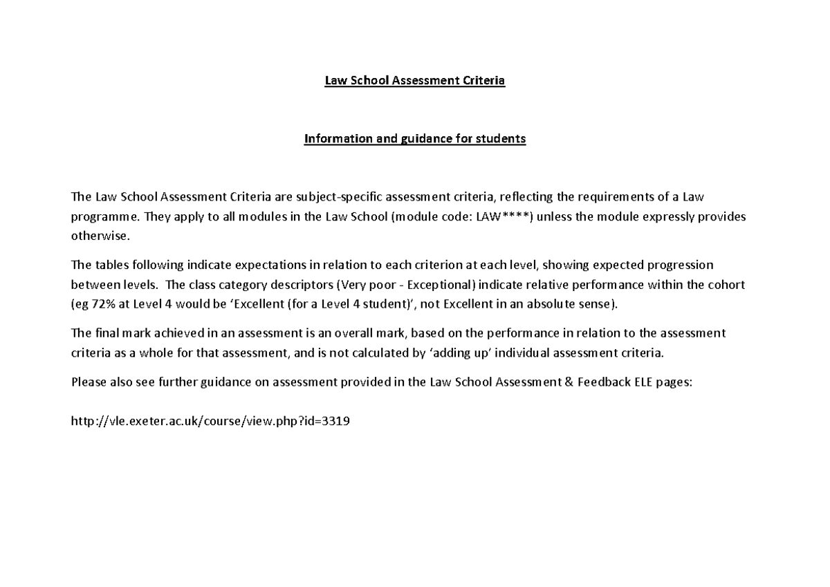 Law Assessment Criteria Law School Assessment Criteria Information