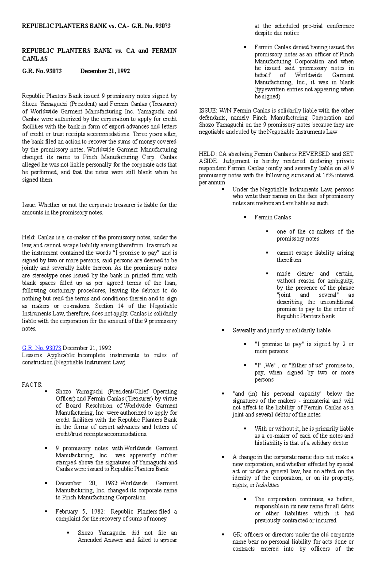 Case digest nego my case REPUBLIC PLANTERS BANK vs. CA G. No. 93073