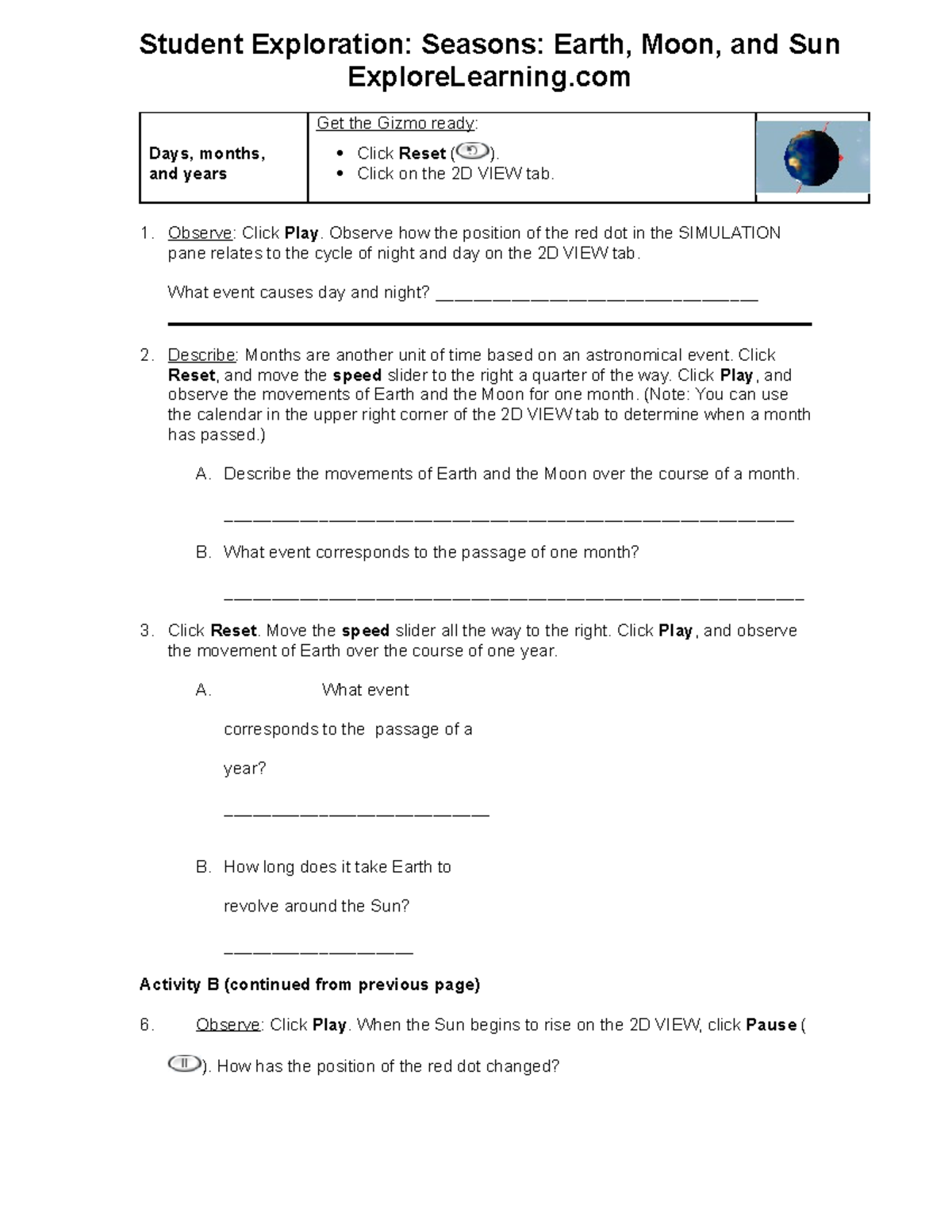 Seasons Earth, Moon, And Sun - Student Exploration: Seasons: Earth ...