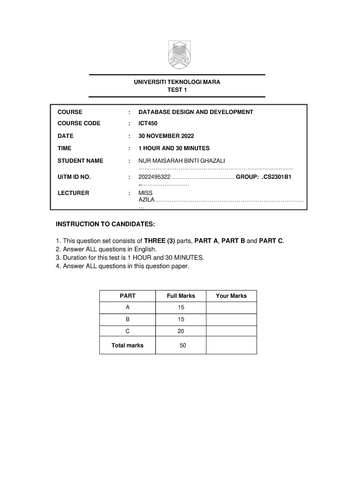 DASDASD - Universiti Teknologi Mara - Course Hero