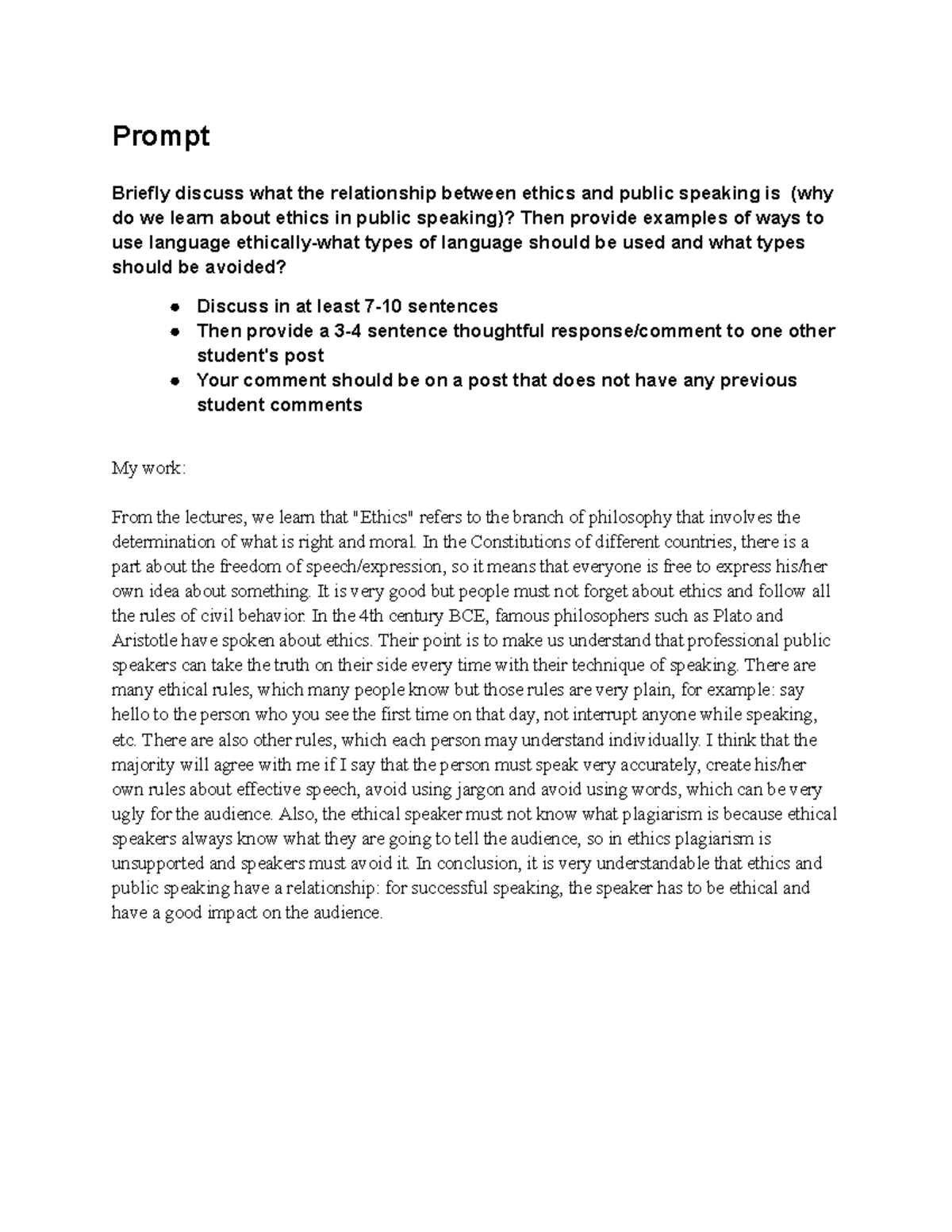 Discussion Ethics in Public Speaking - Prompt Briefly discuss what the ...