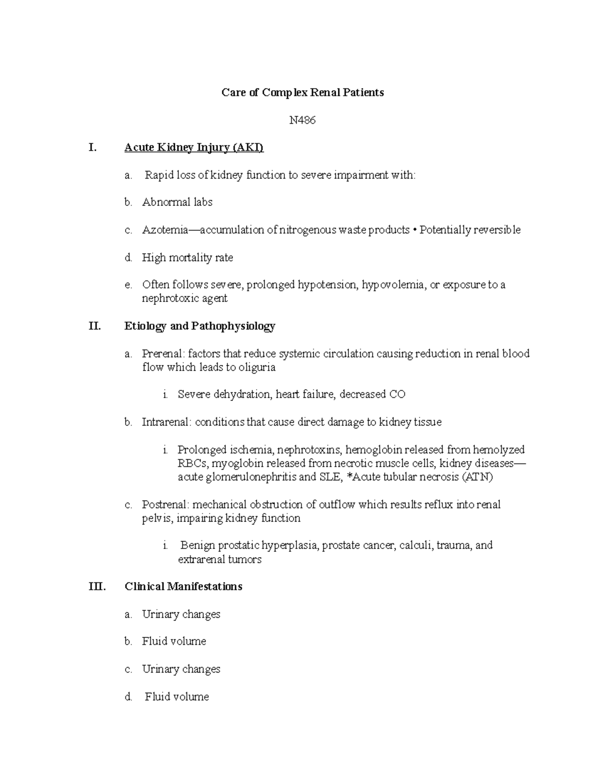 Renal Outline Part 2023 - Care of Complex Renal Patients N I. Acute ...