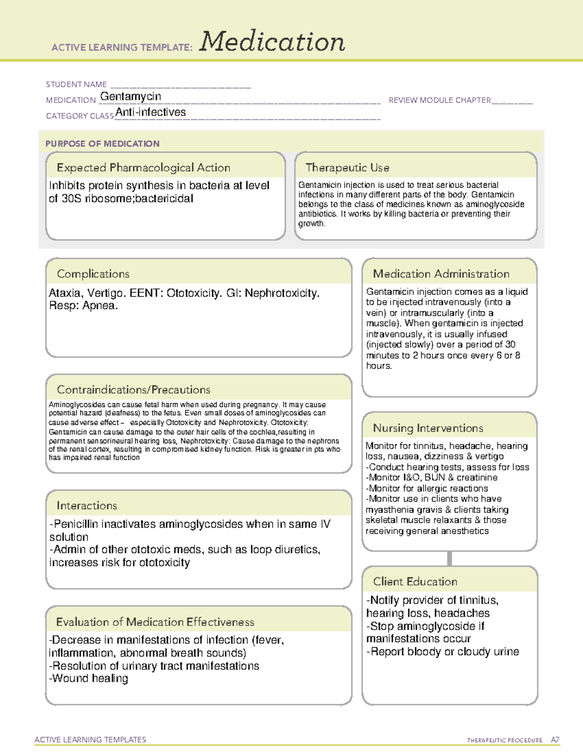 Gentamycin ACTIVE LEARNING TEMPLATES THERAPEUTIC PROCEDURE A