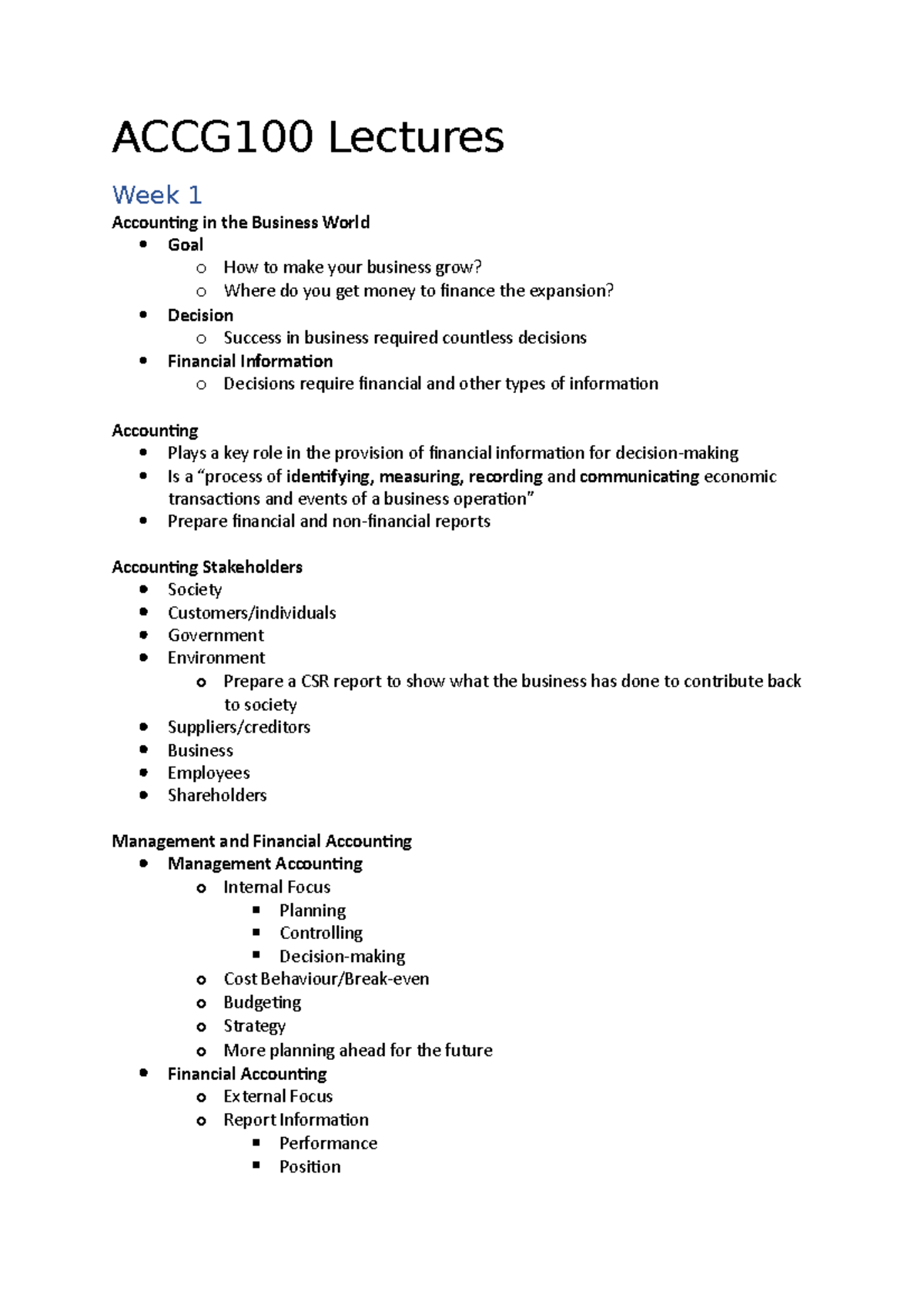 ACCG100 Lectures - Lecture notes 1-11 - ACCG100 Lectures Week 1 ...