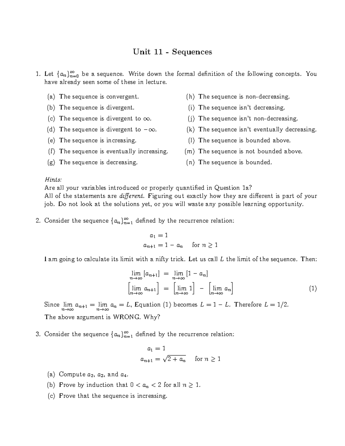 MATH 31 Exercise 11 - MAT 137Y - Practice Problems Unit 11 - Sequences ...