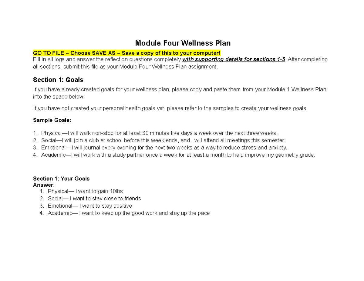 Module four wellness plan - Module Four Wellness Plan GO TO FILE ...