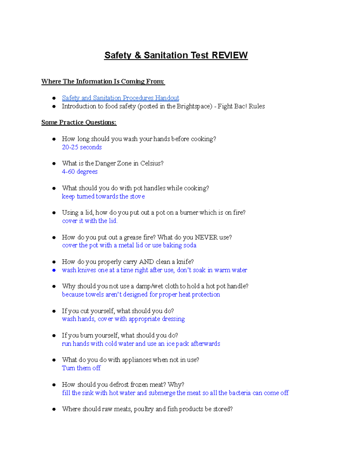 Safety Test Review Safety & Sanitation Test REVIEW Where The Information Is Coming From Studocu