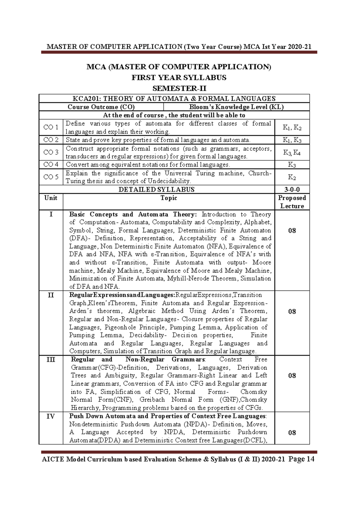 25th August MCA New First Year Syllabus 2020 - MCA (MASTER OF COMPUTER