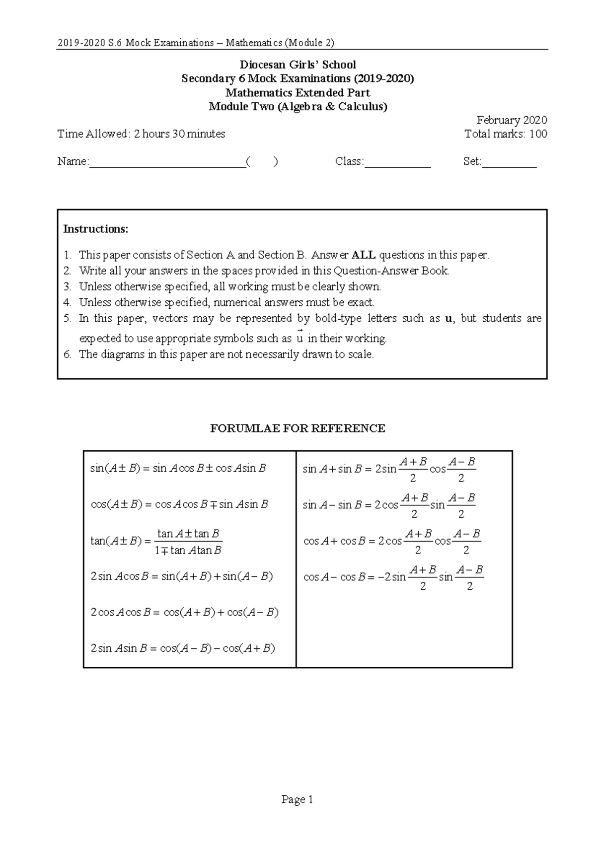 Pdfcoffee - good math prac - Diocesan Girls’ School Secondary 6 Mock ...