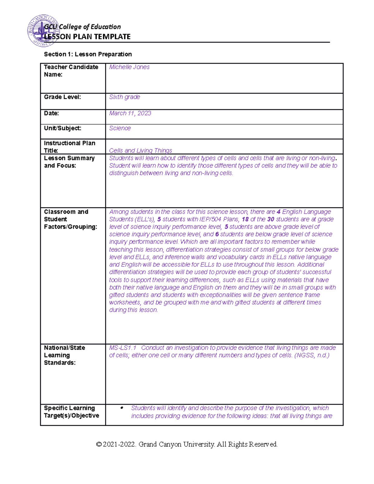 ELM-361 Science Lesson PLan MJ - LESSON PLAN TEMPLATE Section 1: Lesson ...