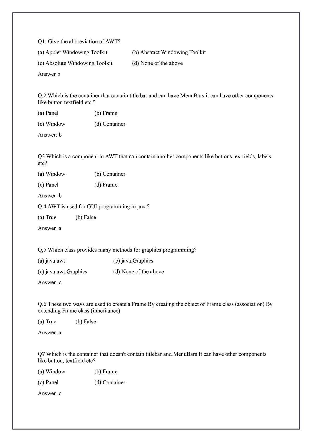 Unit 1- Abstract Window Toolkit - Q1: Give The Abbreviation Of AWT? (a ...