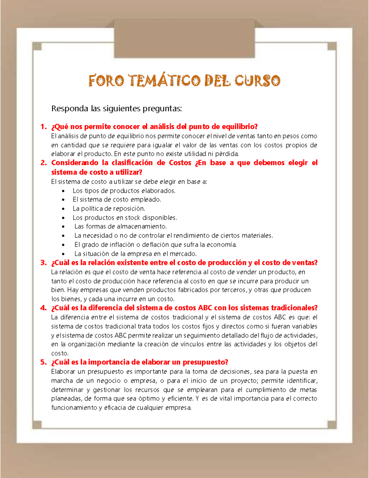 Foro Tem Tico Del Curso Costos Y Presupuestos Foro Temtico Del Curso Responda Las Siguientes