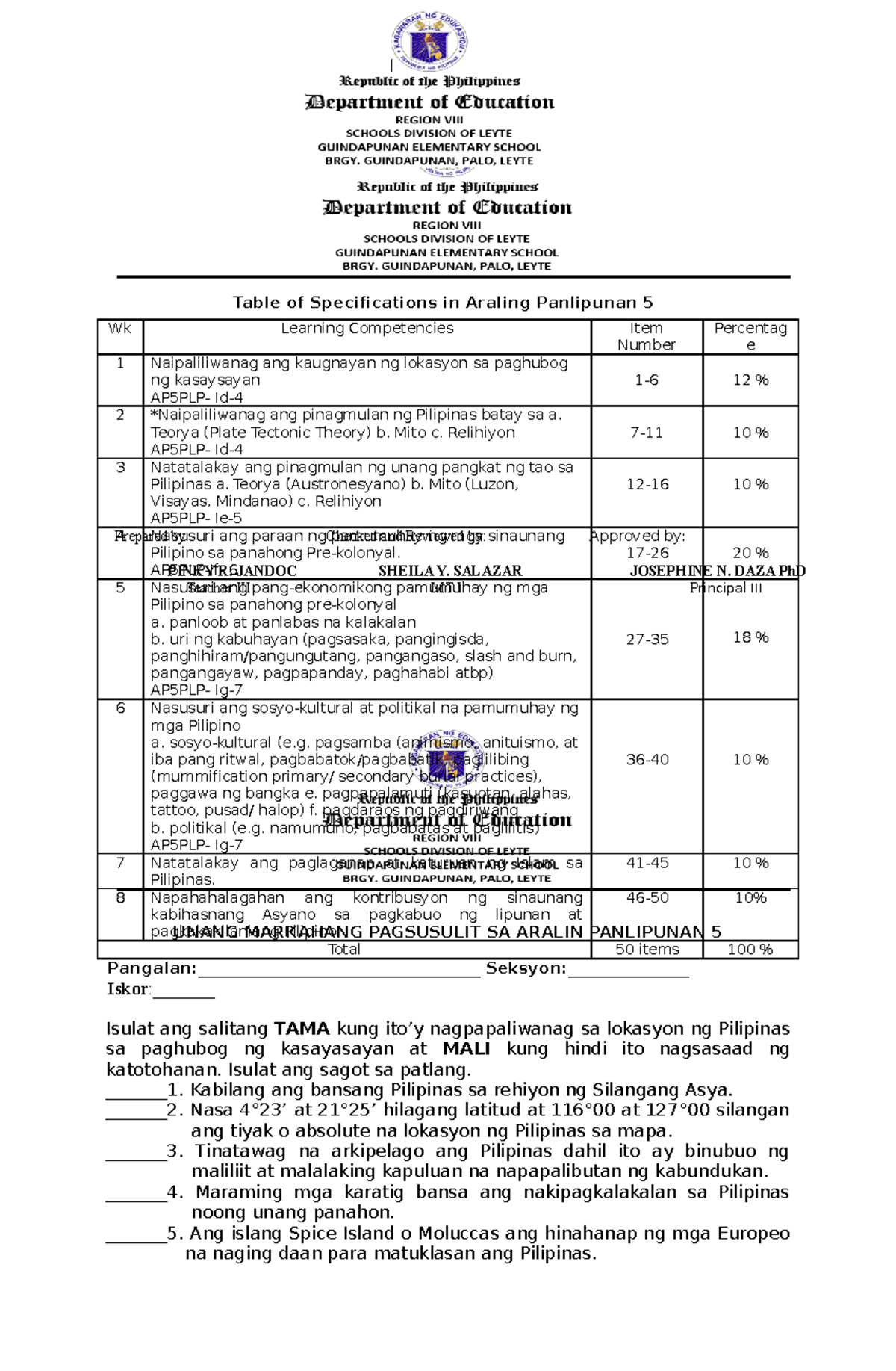 ST W TOS AP5 Q1 - None - Table Of Specifications In Araling Panlipunan ...