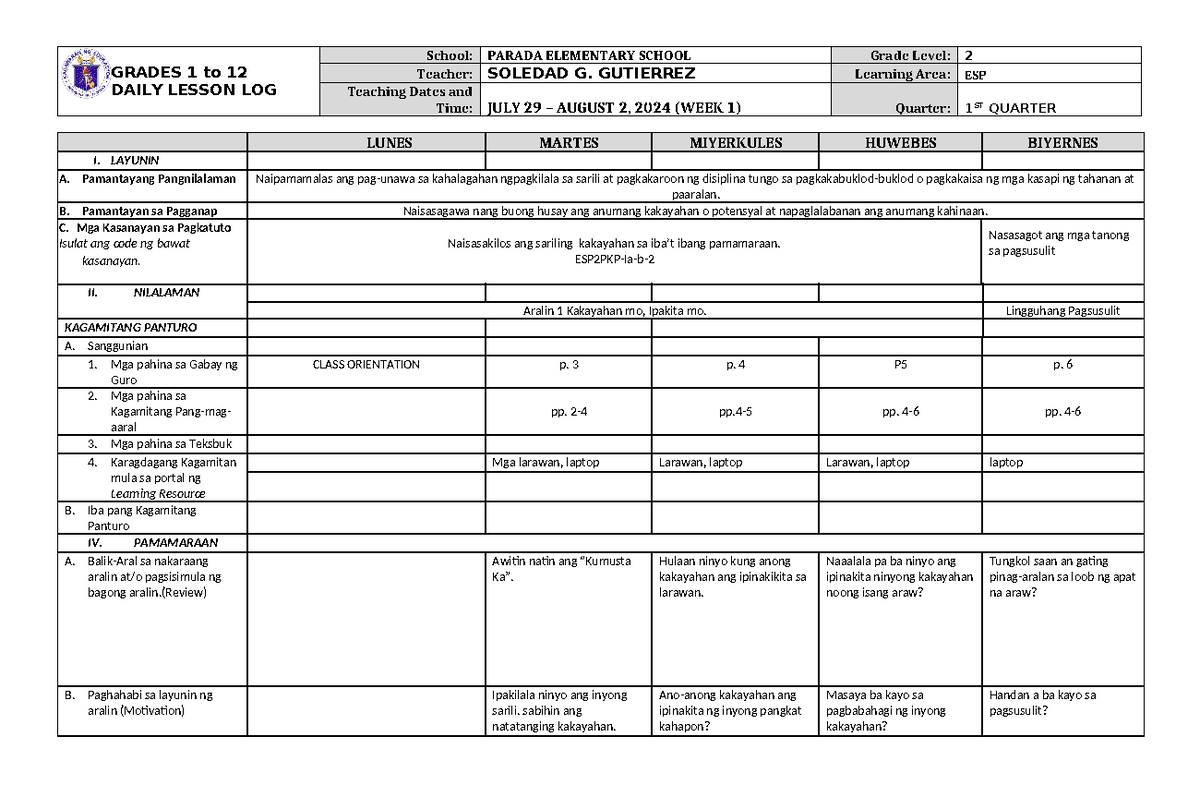 DLL ESP 2 Q1 W1 - dll - GRADES 1 to 12 DAILY LESSON LOG School: PARADA ...