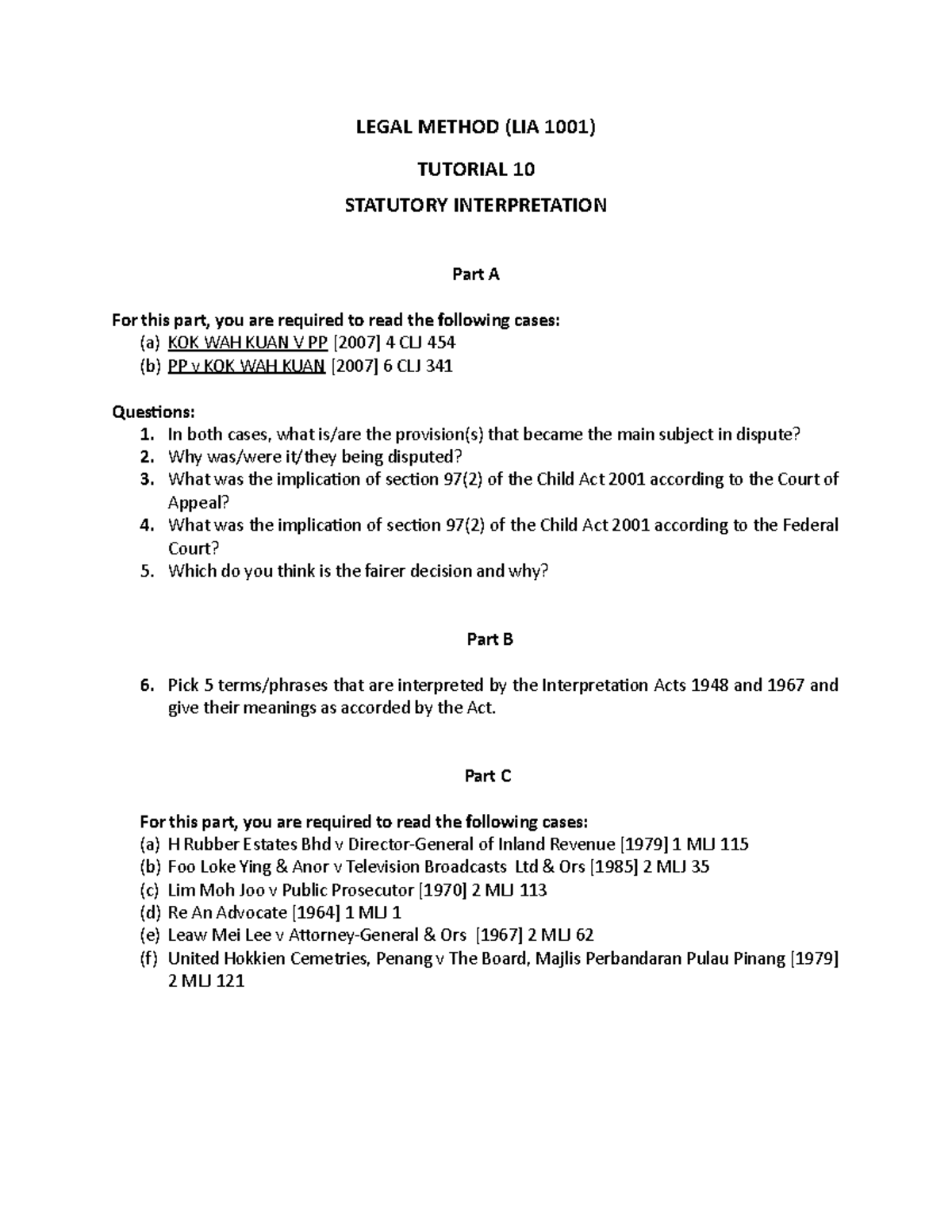 Tutorial 10 Statutory Interpretation - LEGAL METHOD (LIA 1001) TUTORIAL ...