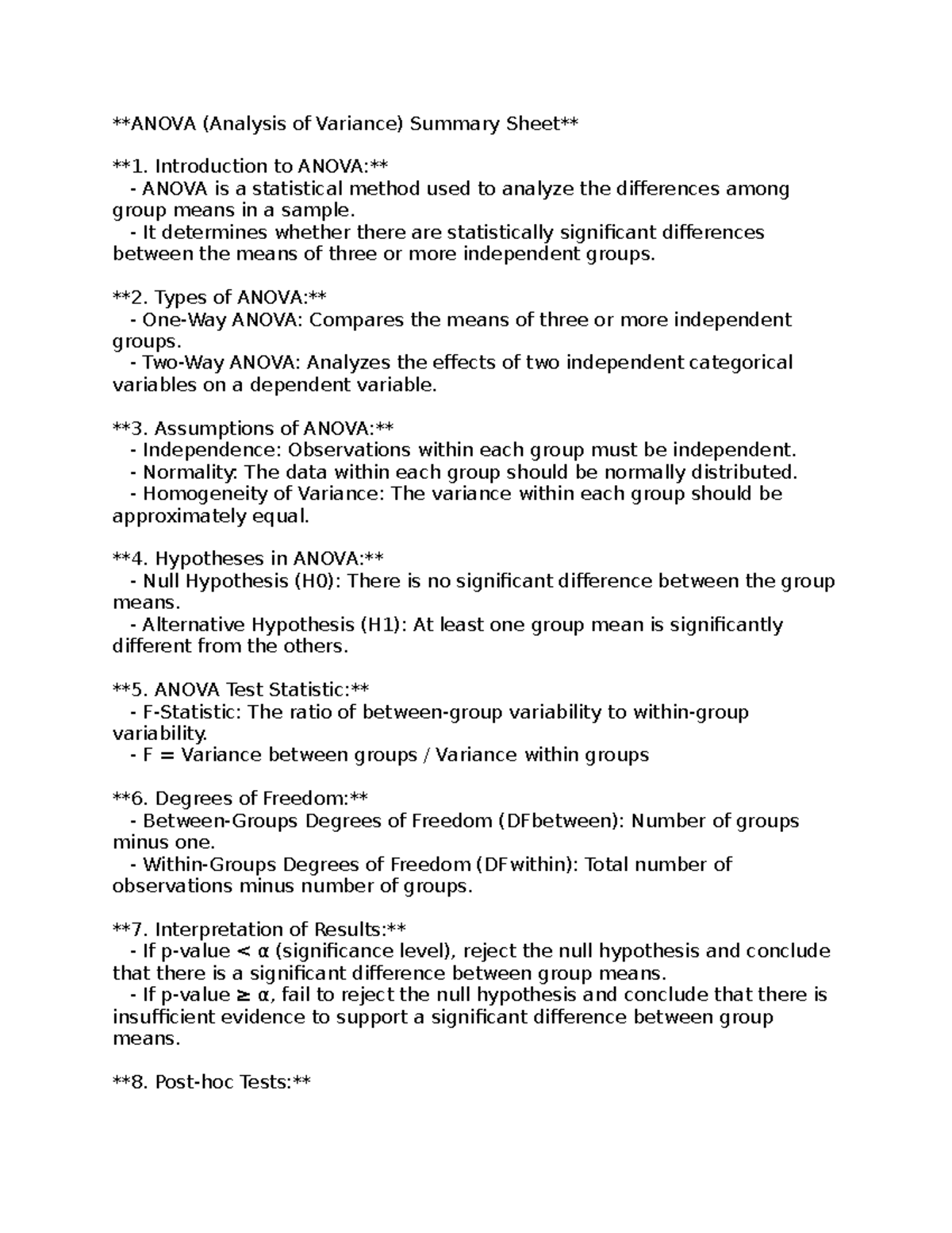 Anova Summary for Final - ANOVA (Analysis of Variance) Summary Sheet 1 ...