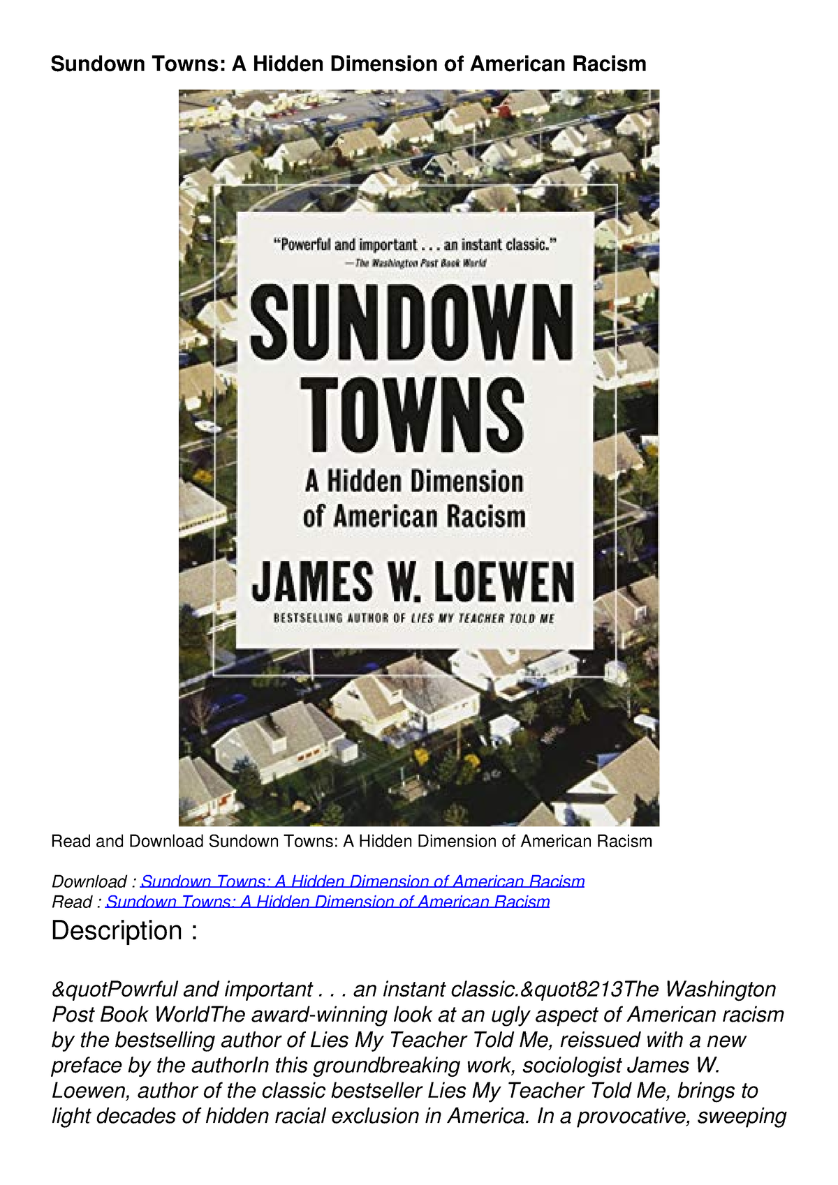 [PDF] DOWNLOAD Sundown Towns A Hidden Dimension of American Racism