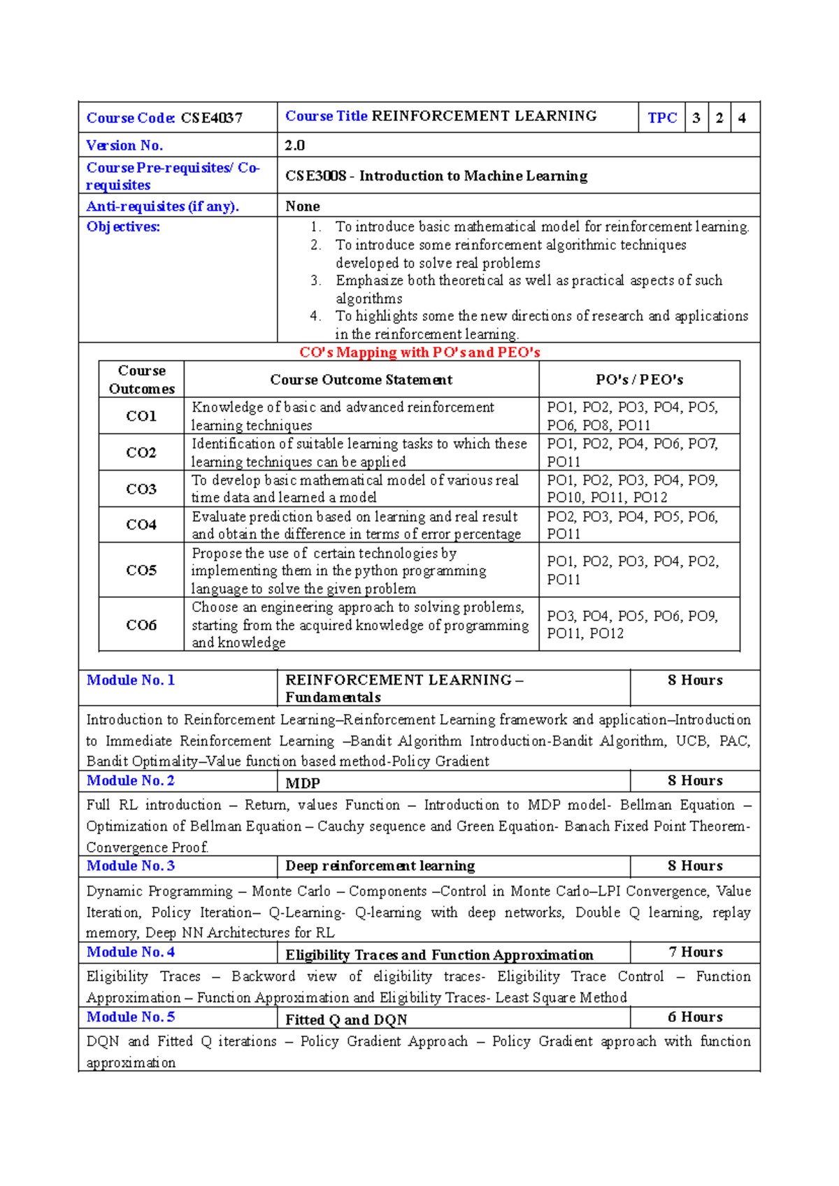 CSE4037 - Reinforcement Learning Revised 2.0 (AI) - Course Code