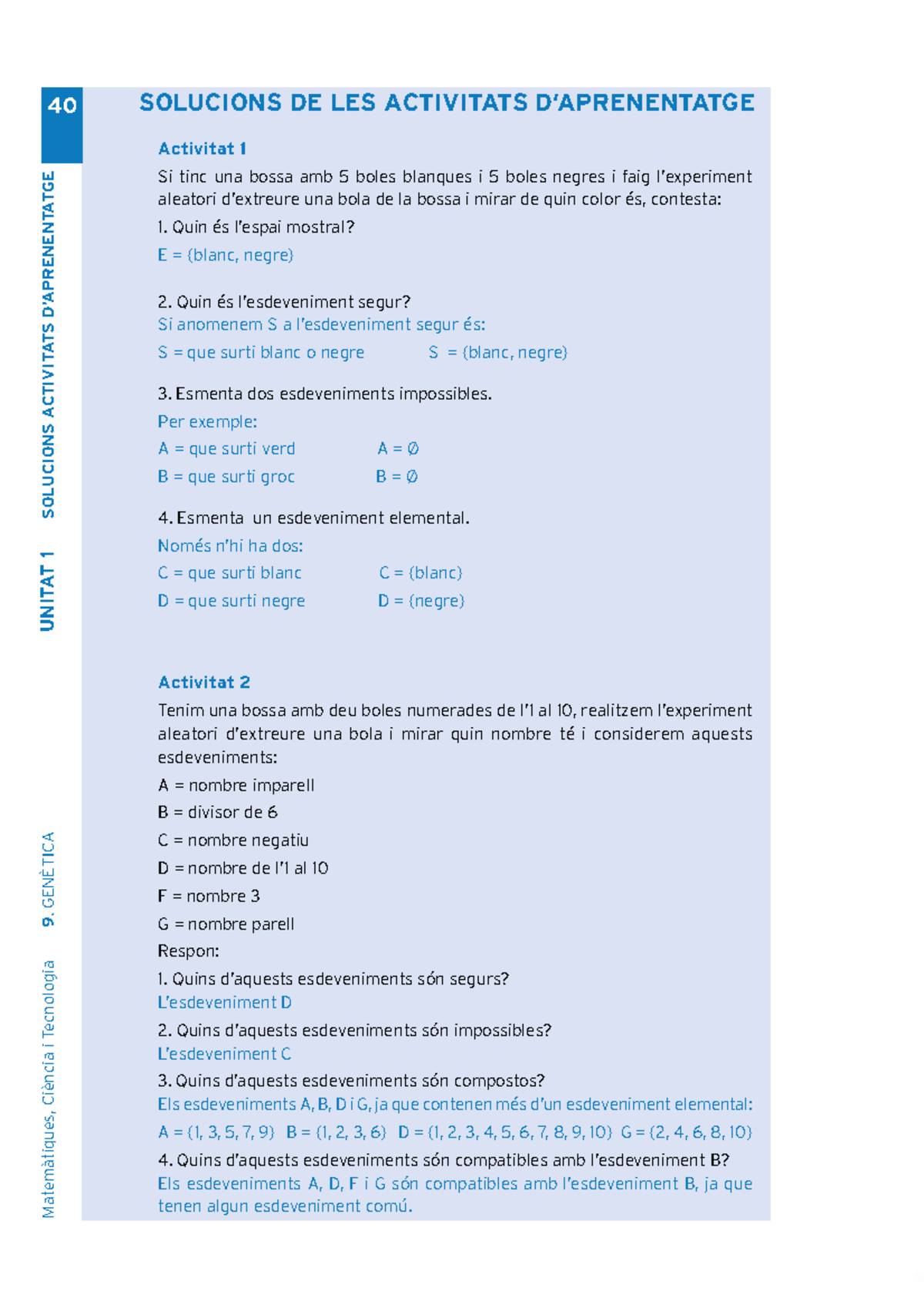 23 Unitat 1 Probabilitat Solucions - 40 9 . GENÈTICA UNITAT 1 SOLUCIONS ...