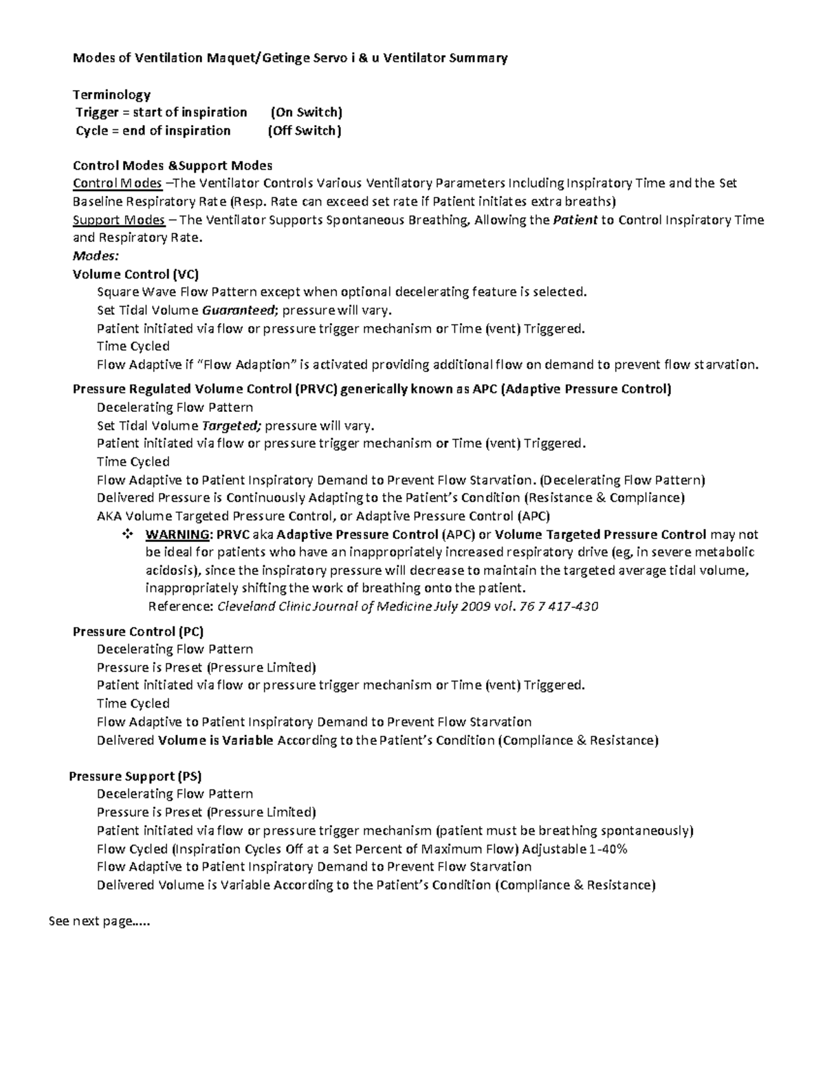 Servo i & u Modes of Ventilation Summary 2023 Modes of Ventilation