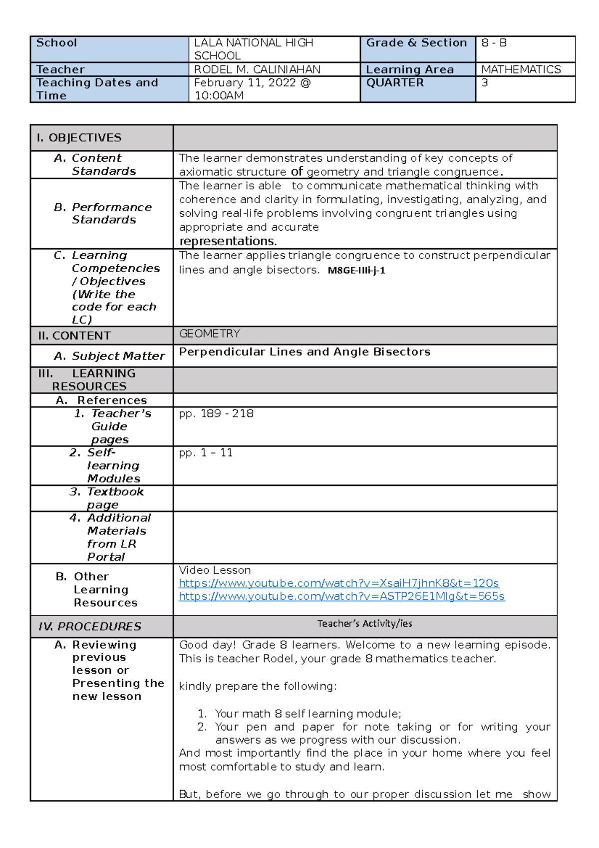 1st COT 2022 final - lesson plan in math 8 - School LALA NATIONAL HIGH ...