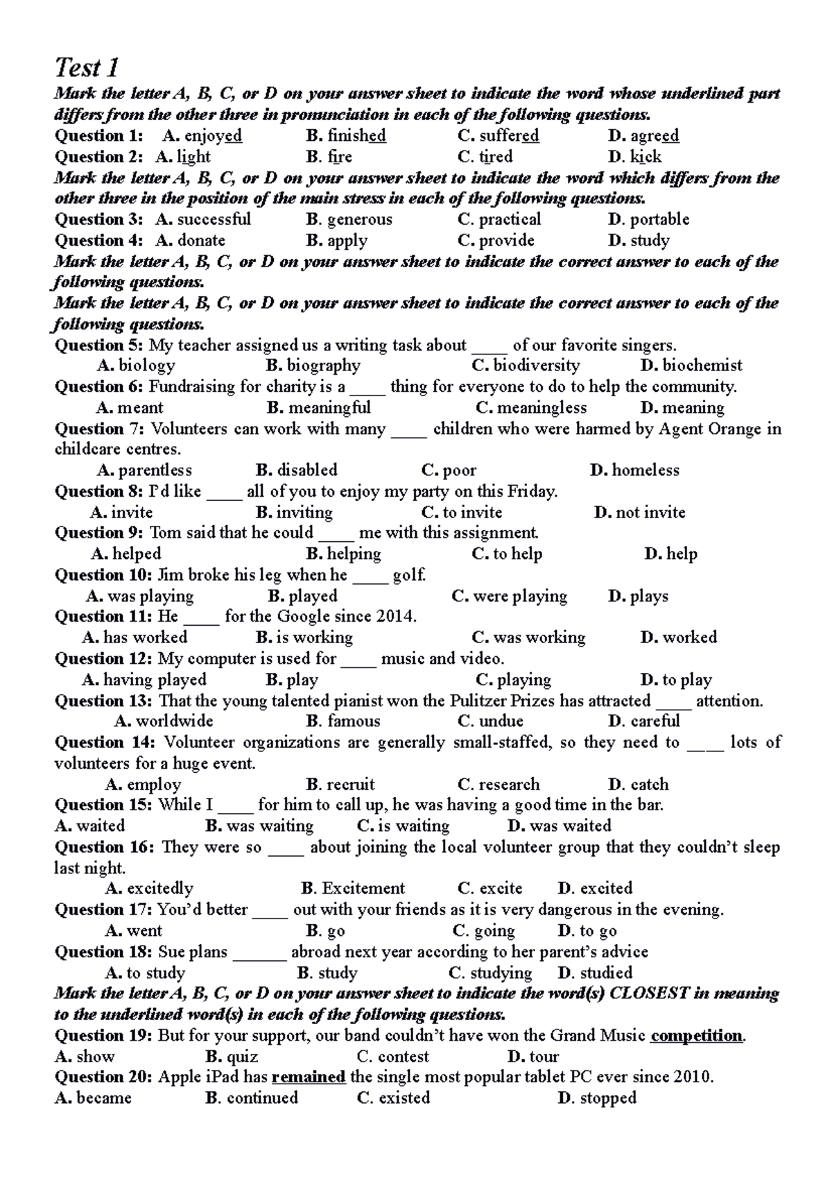 ÔN TÂP LOP 11A1 - Anh van 11 - Test 1 Mark the letter A, B, C, or D on ...