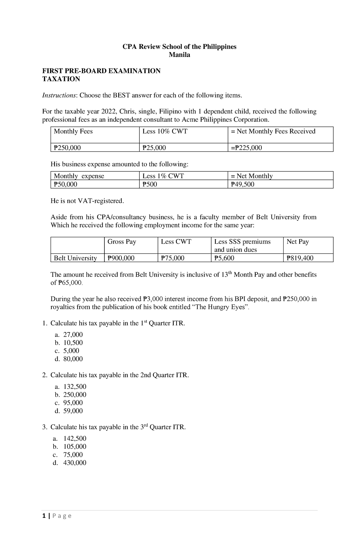 Taxation - PRE BOARD - CPA Review School Of The Philippines Manila ...