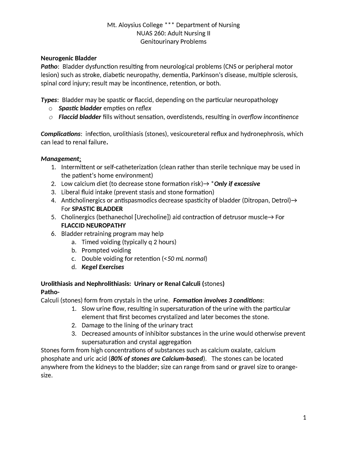 Genitourinary- Student Outline - Mt. Aloysius College *** Department of ...