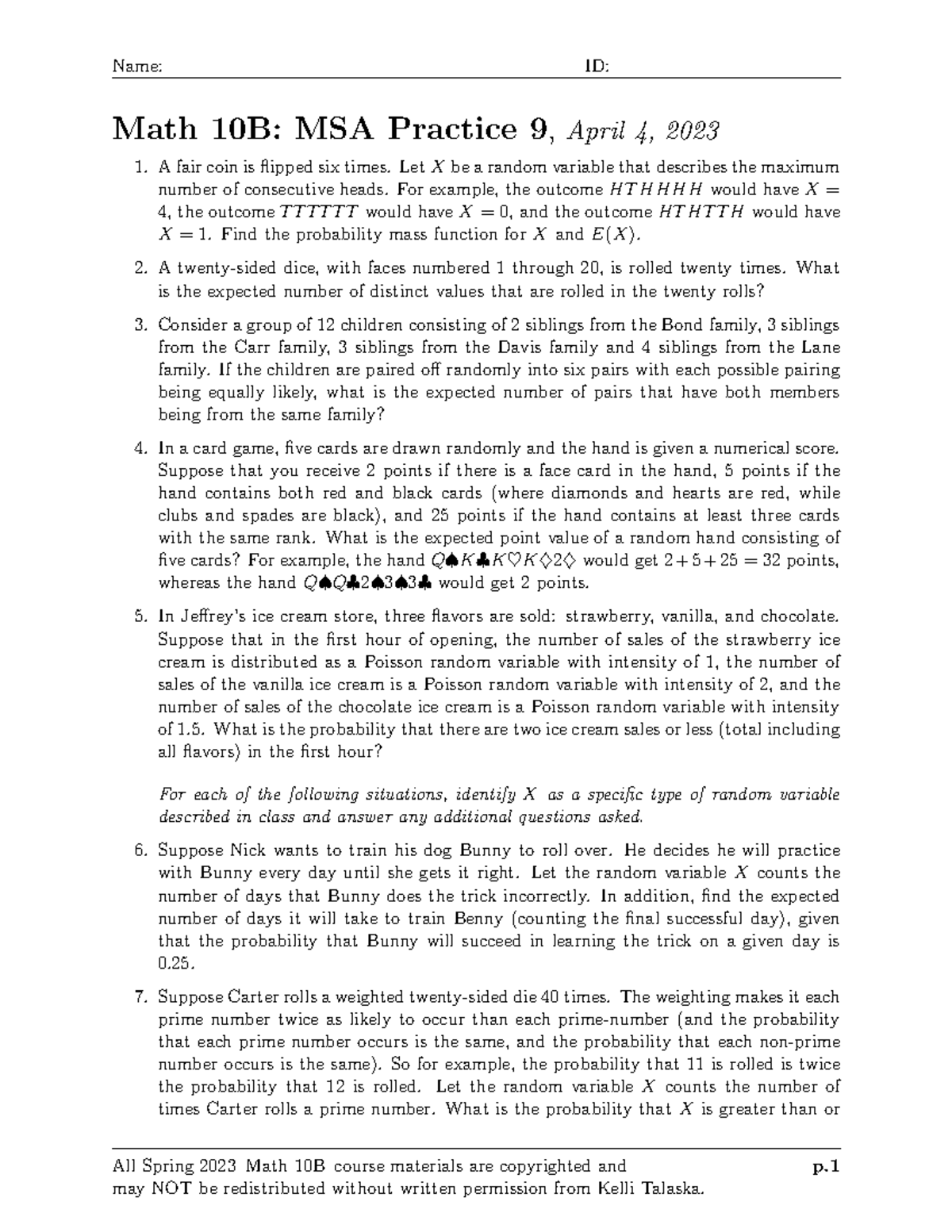 Answers for Statistics Word Problems - Math 10B: MSA Practice 9, April ...