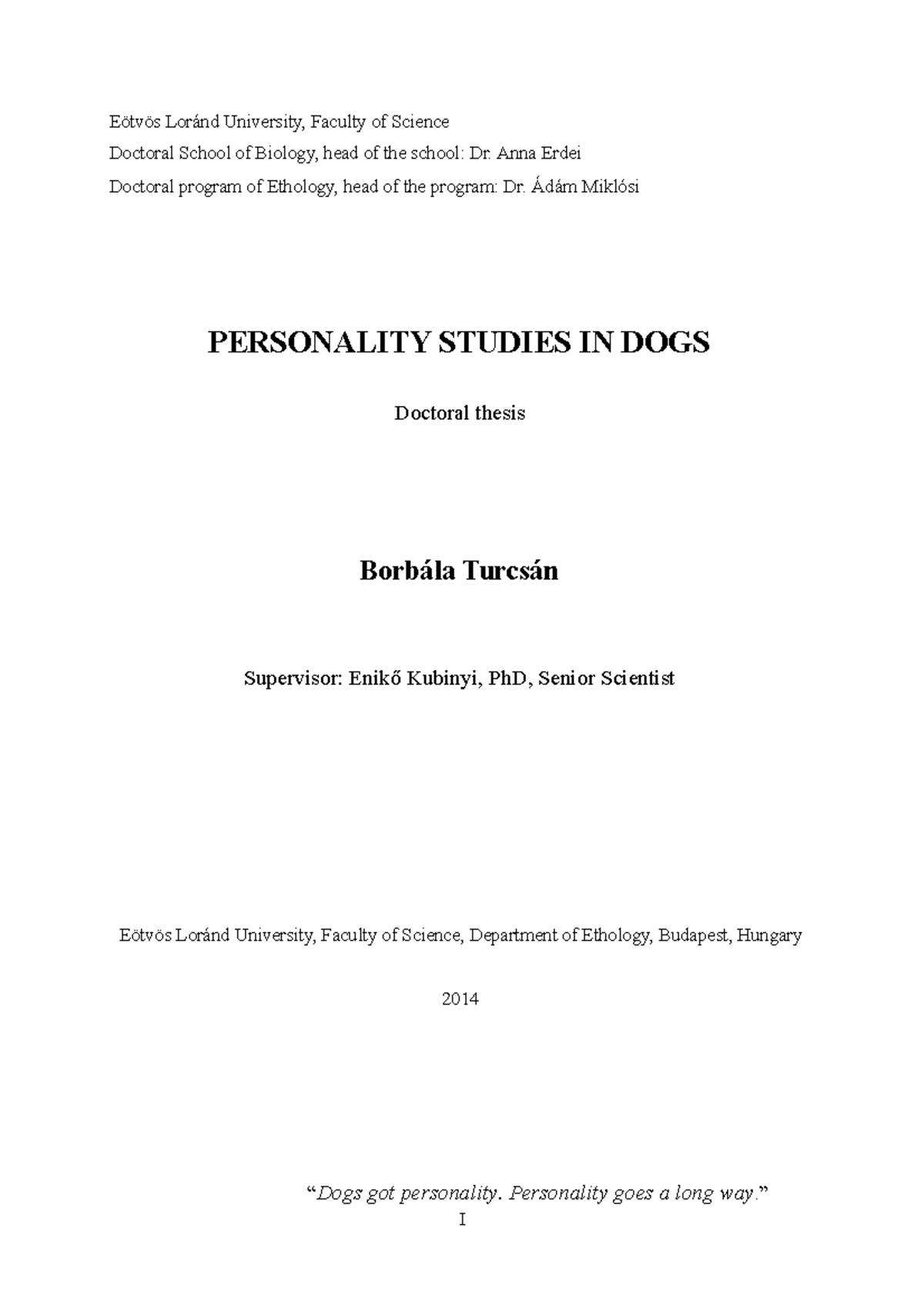 Personality%20Studies%20in%20Dogs - Eötvös Loránd University, Faculty ...