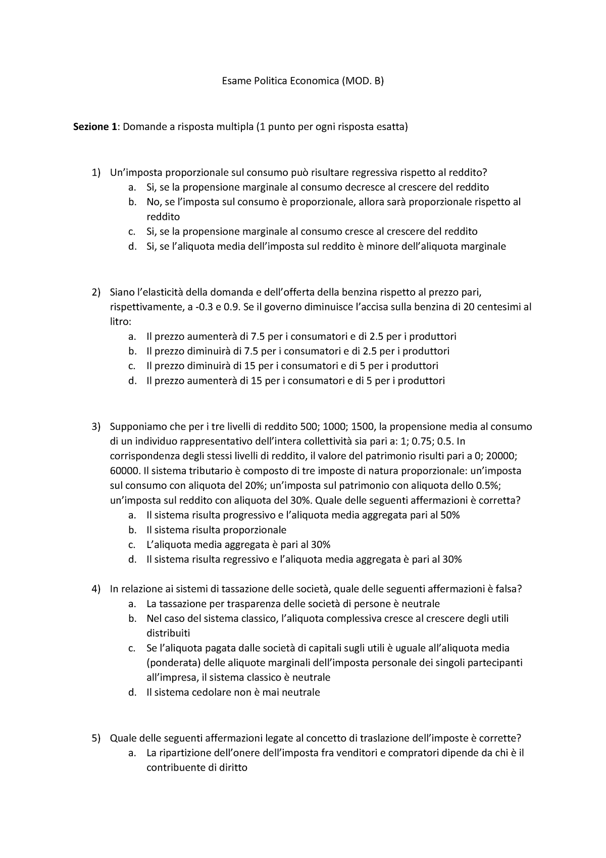 Prova Desame Esempio Simulazione D Esame Esame Politica Economica Mod B Sezione