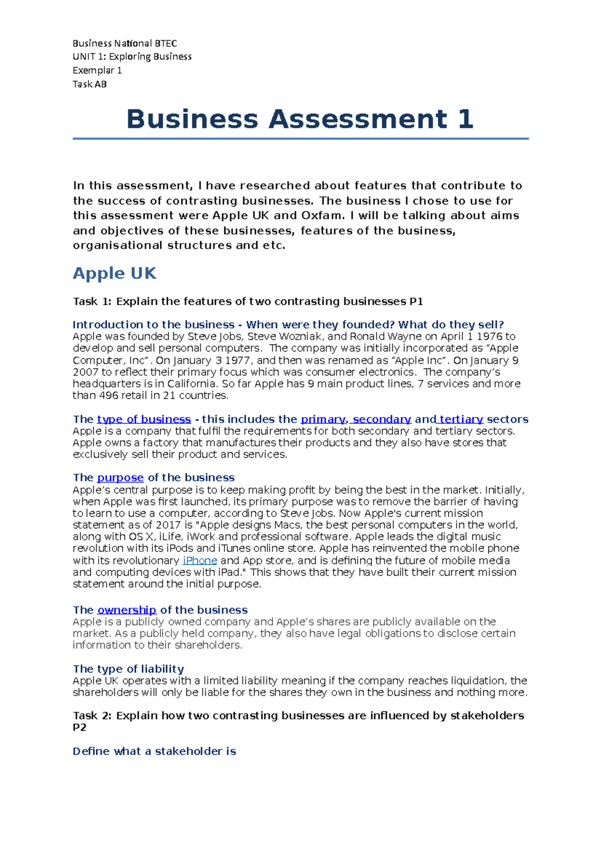 Btec National Exploring Business Unit 1 UNIT 1 Exploring Business 