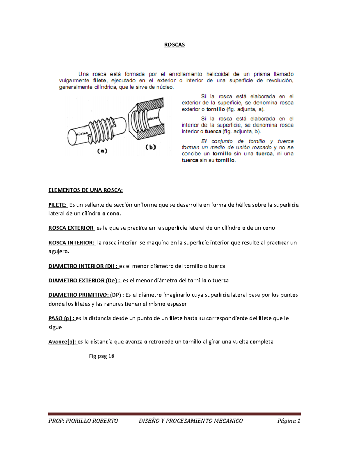 Carpeta Diseño Y Procesamiento Mecanico 5° - ROSCAS ELEMENTOS DE UNA ...