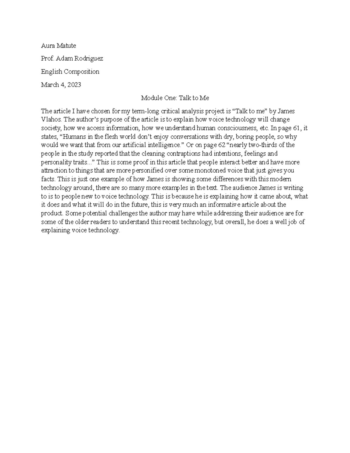 Module to Me Copy Aura Matute Prof. Adam Rodriguez English Composition March 4