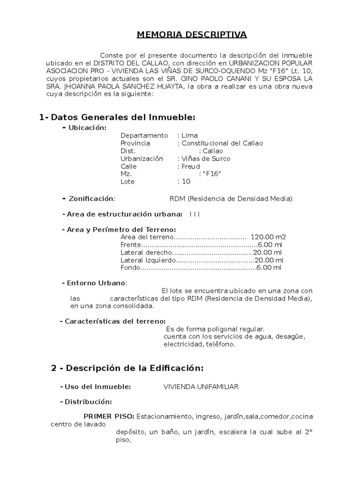 Memoria de Scriptiva Arquit - MEMORIA DESCRIPTIVA Conste por el ...