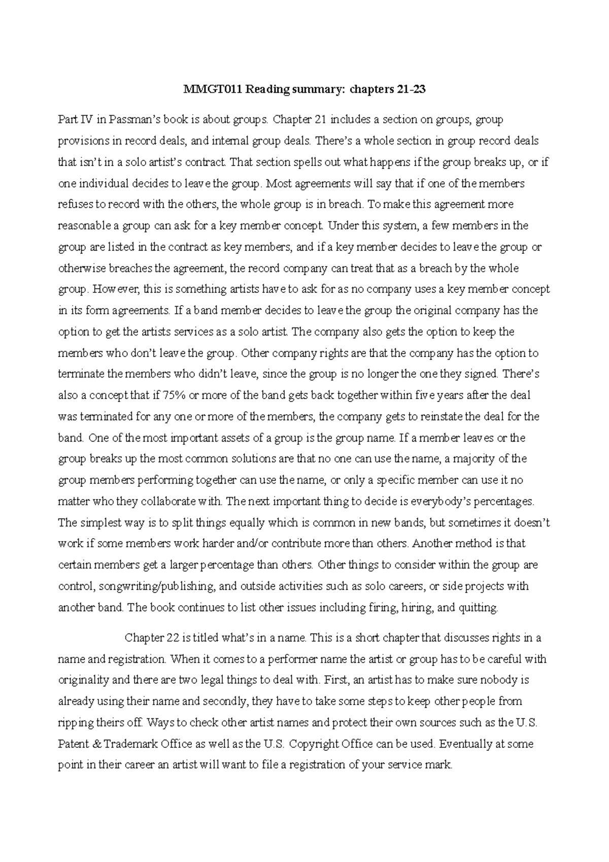 MMGT11 - Reading summary 4 - MMGT011 Reading summary: chapters 21- Part ...
