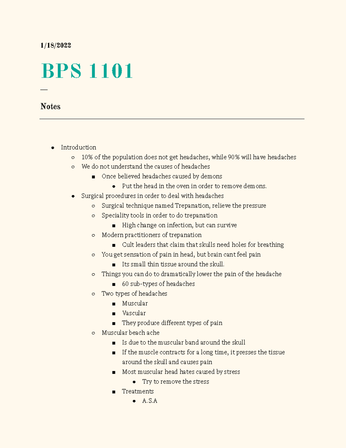 BPS Headaches PDF - 1/18/ BPS 1101 ___ Notes Introduction 10% of the ...