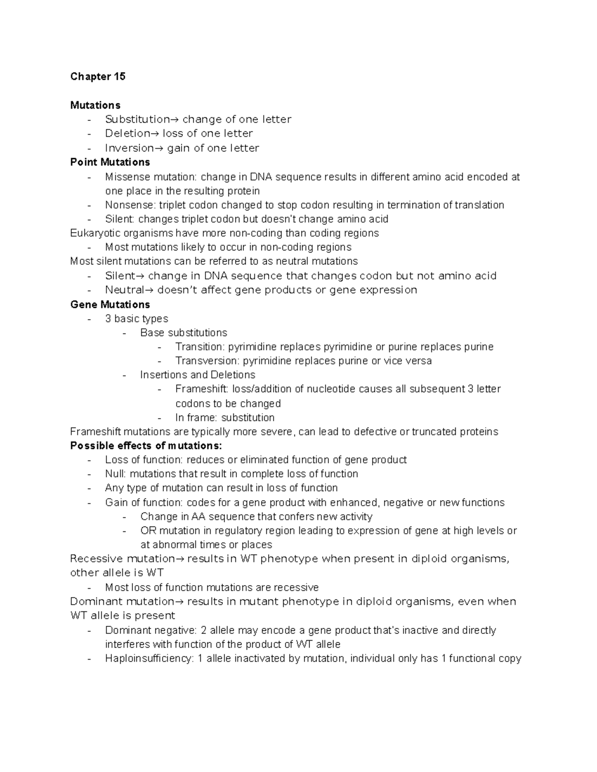 Notes From Lecture - Chapter 15 Mutations - Substitution→ change of one ...
