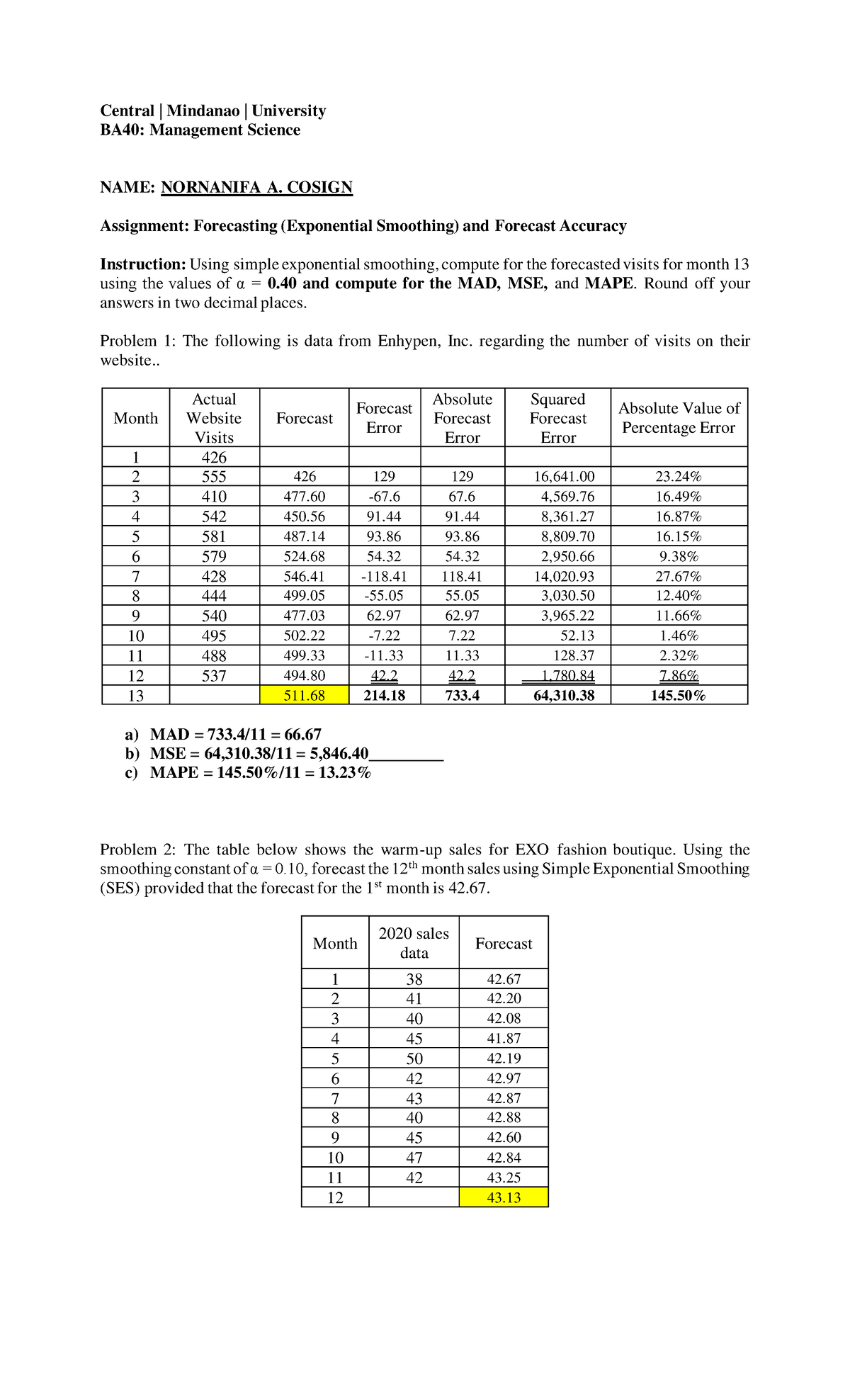 BA40 Assignment (SES) - Central | Mindanao | University BA40 ...