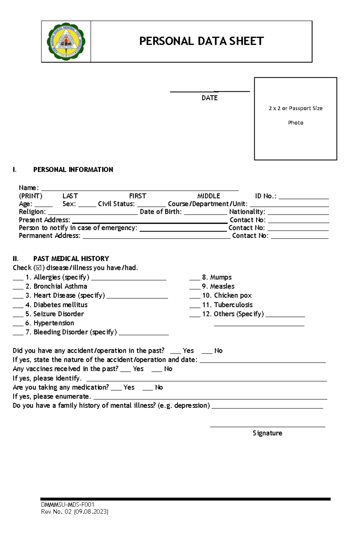 F001 PersonalDATA Sheet2024 PERSONAL DATA SHEET DMMMSUMDSF Rev