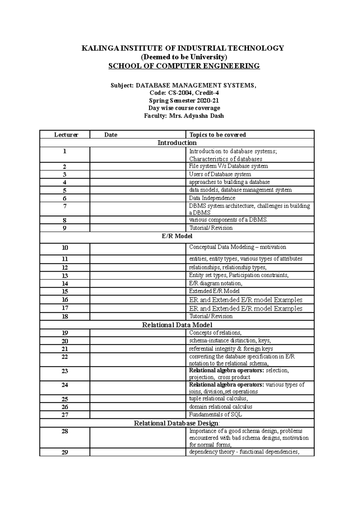 DBMS day wise lession Plan 2021 - KALINGA INSTITUTE OF INDUSTRIAL ...
