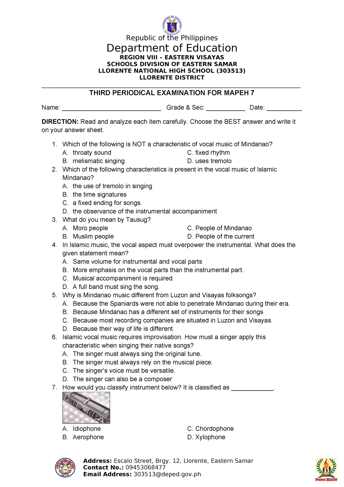 3RD Periodical Test Mapeh 7 (Test Questionnaire) - Department of ...